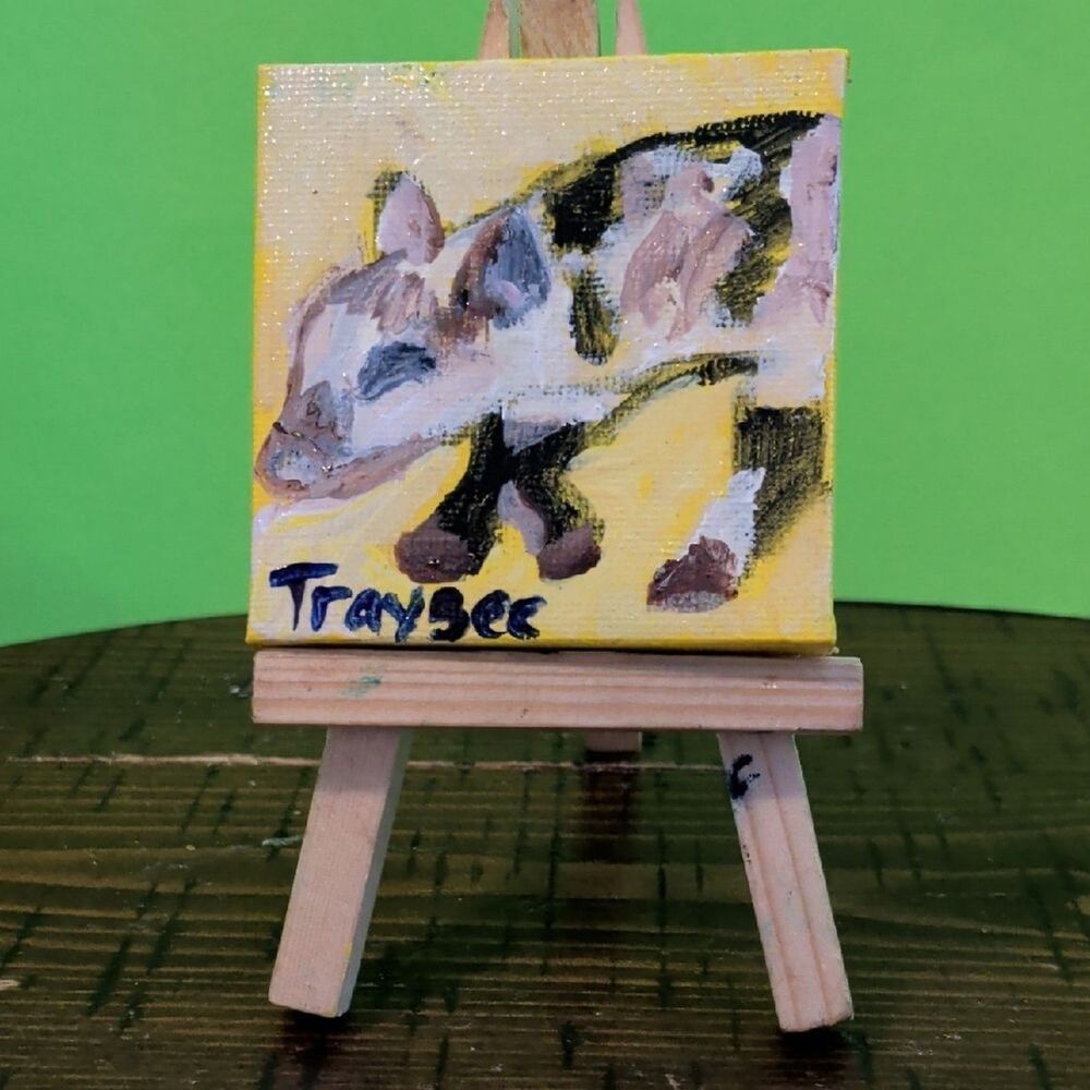 Original 2x2 Inch Acrylic Painting Of A Pig On Canvas With Easel